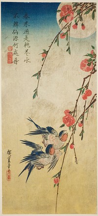 Swallows, pleach blossoms, and full moon by Utagawa Hiroshige