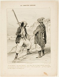 “- All right Rigobert, my old friend.... we are going to make a long trip today.... did you bring enough provisions on board of our vessel? - Don't talk about it.... all I was able to bring along are two biscuits and a red herring,” plate 1 from Les Canotiers Parisiens by Honoré-Victorin Daumier