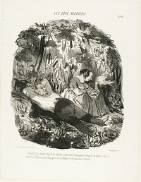 At 30°C, lucky he who can escape and snooze in the forest of Saint-Germain accompanied by his wife and a few lizards, plate 27 from Les Bons Bourgeois by Honoré-Victorin Daumier