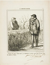 “- Hello, neighbour, are you like me? I start to believe we would do well returning to Paris,” plate 1 from La Campagne En Hiver by Honoré-Victorin Daumier