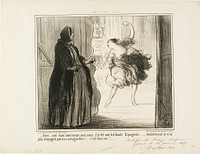 “- Difficult to imagine that in my days I also was an acclaimed Spanish dancer... nowadays only my castanets are Spanish... what a drag...,” plate 11 from Croquis Dramatiques by Honoré-Victorin Daumier