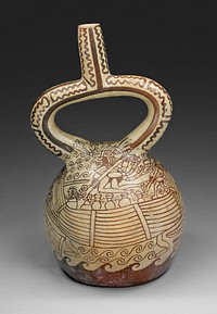 Stirrup Vessel with Fineline Painting Depicting a Figures in Reed Boat by Moche