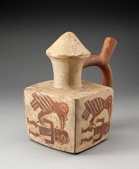 Square Handle Spout Vessel with Image of a Man Attacked by a Bird by Moche