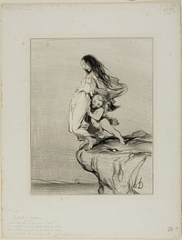 Sappho's Death. “Young ladies, you see where love leads us Under our feet so dainty and small The wretched chasm of an abyss Into which we eventually fall,” plate 49 from Histoire Ancienne by Honoré-Victorin Daumier