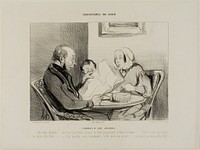 The Subscriber and His Newspaper. “- Listen darling, the first three columns of my morning paper are completely empty! It seems that they must have really said some nasty things. - May quite well be, but now that you mention it, to write nothing at all, I find that even more nasty!,” plate 2 from Caricatures Du Jour by Honoré-Victorin Daumier