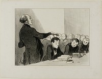 “You remember now that young Cabassol is far too good in translation that I would allow anyone in this class to molest him... he is under my immediate protection! At the final exams it is he who will hold up the honour of Bilboquet High school,” plate 32 from Professeurs Et Moutards by Honoré-Victorin Daumier