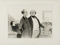 “- As you can see, Monsieur, I have enforced in my school perfectly good discipline. You cannot imagine to what extent I succeeded implanting in these young scholars a deep sentiment of respect towards their teacher,” plate 23 from Professeurs Et Moutards by Honoré-Victorin Daumier