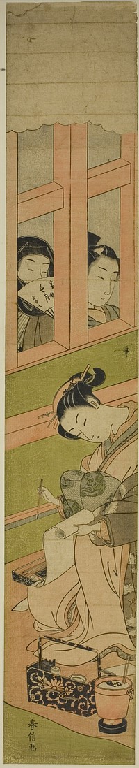 Courtesan Writing a Letter as Two Men Watch through a Window Lattice by Suzuki Harunobu