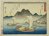 Maisaka: The Ferry at Imagiri (Maisaka, Imagiri funawatashi), from the series "Fifty-three Stations of the Tokaido (Tokaido gojusan tsugi)," also known as the Tokaido with Poem (Kyoka iri Tokaido) by Utagawa Hiroshige