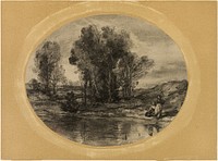 Figures by a Pond by Henri Joseph Constant Dutilleux