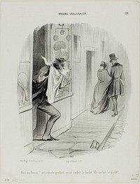 “There goes my wife!! Oh, the wretch, while I'm having a shave she's making a cuckold of me!,” plate 22 from Moeurs Conjugales by Honoré-Victorin Daumier