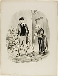 "- How are you feeling today, Mr. Chapolard? - Madame Pochet, a concierge who knows how to behave, should address her landlord only in the third person. - How can I talk to you in the third person, since you are the first person I am seeing this morning," plate 11 from Croquis Parisiens by Honoré-Victorin Daumier