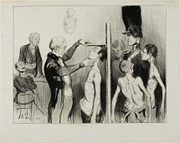 The Recruiting Board. “Isn't it a glorious sight: these noble young Frenchmen full of ardour, strength and elegance ready to defend their honour under the flags of Mars,” plate 35 from Caricatures Du Jour by Honoré-Victorin Daumier