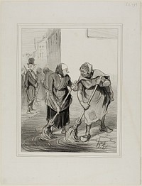 “- Say then, Madme. Giboulard … don't you agree that it is not very pleasant for women of our gender, to come down like this everyday, cleaning the gutters of St. Honoré … - That's true, Madame Chaffarou, but we can also praise ourselves of being the only ones to embellish Paris!,” plate 75 from Caricatures Du Jour by Honoré-Victorin Daumier