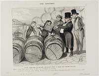 Catholic society of baptism established for all the drunkards of Paris. (Article 1) From Rouen to Bercy the Seine will be transformed into the River Jordan. "In the name of the great society Mélange, Macaire & Co. I baptise you 'old Macon', grand cru of the year of the comet, and the public will stand in line for it," plate 48 from Revue Caricaturale by Honoré-Victorin Daumier