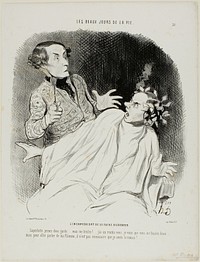 The Inconvenience of Having His Hair Curled. “Oh blast.... look here, watch out... you are burning me.... I am meeting someone, and I want you to make me look good....... but in order to declare my burning passion, I don't need to smell scorched!,” plate 31 from Les Beaux Jours De La Vie by Honoré-Victorin Daumier