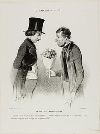 The Opening Night! “What! Even my porter offers me flowers!... Bless my soul, this comedy will cost me a fortune... I begin to regret that it hasn't been hissed off the stage altogether,” plate twelve from Les beaux jours de la vie by Honoré-Victorin Daumier