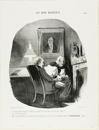 “- It seems that the sea serpent has reappeared in the Indian Ocean!... - Oh, my God... is it possible!... - Of course it's possible if I tell you that it has been printed like that in the Constitutionnel!...,” plate 20 from Les Bons Bourgeois by Honoré-Victorin Daumier