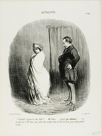 Marriage of "L'époque" and "Le Constitutionnel". Bilboquet: “- Honourable couple, I hereby unite you and bless you. Go and grow in format and may your almanacs multiply!,” plate 125 from Actualités by Honoré-Victorin Daumier