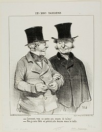 “- You are not wearing a Talma yet? - No, I remain loyal to the overcoat, it's more flattering to my waistline,” plate 1 from Les Bons Parisiens by Honoré-Victorin Daumier