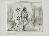 “- Driver, driver, you cannot reject me, you have to save my life... bring me back to the races alive! - But come on, Spaniard… be reasonable… you don't have to fear the rain, since you are wearing a coat!…,” plate 2 from Le Carnaval De 1858 by Honoré-Victorin Daumier