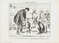 A Scientist Trying to Befriend His Son with a Great Kangaroo from Central America, plate 3 from La Société D'acclimatation by Honoré-Victorin Daumier