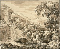 Mountain Landscape with Waterfall and Figures by Carl August Lebschée