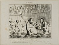 “- I was told to go to the cold batha to lose weight. - You don't say, I was just told the opposite. - Maybe they are good for everything this year! - True for everything, except cleanliness," plate 39 from Croquis D'été by Honoré-Victorin Daumier