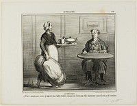 Herbal Tea. “- Here you are, Monsieur, I thought I'd bring along the entire pack of hay so you can decide yourself about the strength of your tea,” plate 416 from Actualités by Honoré-Victorin Daumier