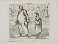 “- Mister butcher, I wish you a happy and healthy New Year… - What? This is going to be a nice one, this 1858… every grocer around the corner will be able to sell my mutton!…,” plate 481 from Actualités by Honoré-Victorin Daumier