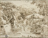 Nymphs Bathing near Waterfalls in Mountain Landscape by Franz Kobell