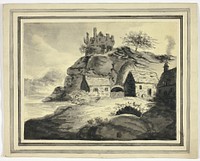 Farm with Overhanging Rock and Castle by Unknown artist (Unknown Amateur)