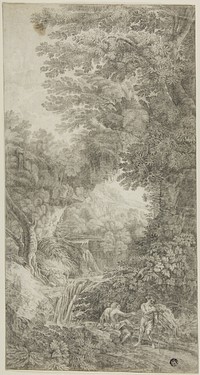 Forest Scene with Waterfall and Two Figures by Johann Samuel Bach