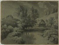 Farm with Pond in Foreground, Cows Grazing on Hill by Unknown artist