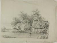 Watermill and Cottage with Thatched Roofs by Unknown artist