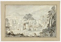 Hunter with Dog, Other Figures in Landscape with Villa, Canal, Pyramid by Gaspar van Wittel