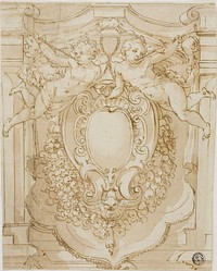 Shield of Cardinal with Two Trumpeting Putti by Style of Lazzaro Tavarone