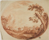 River Landscape with Mountains in Distance, Large Tree in Foreground by Style of Israel Silvestre, the younger