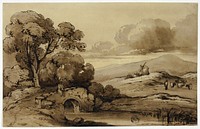 Landscape with Stone Bridge in Foreground and Cows on Hillside by James "Drunken" Robertson