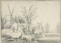 Village with Windmill and Church by Paul Theodor van Brussel