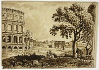 View of Roman Colosseum and Arch of Titus, with Couple in Foreground by Giuseppe Fini