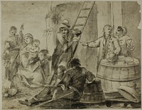 Rustic Scene:  Men, Women and Children Resting and Drinking Outside Building by Giorgio Giacoboni