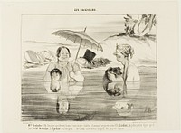 Madame Greluche: “Oh, Gustave, how good! A real soothing warmth! Look at our son Loulou; the cute face he makes!” Mr. Greluche: "And Pyramus, he is afraid, afraid like a dog. If you only knew what he is doing right now, the little rascal,” plate 4 from Les Baigneurs by Honoré-Victorin Daumier