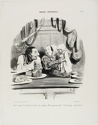 “Look! See how his eyes are on the saveloys and the ham.... it seems we like Papa's job?..... my little piglet!,” plate 51 from Moeurs Conjugales by Honoré-Victorin Daumier