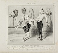 An Addition to a Splendid Education. The young Chinese of the upper class don't only cultivate the art of the hunting horn, they also learn to give punches with the fist or the heels of their boots right into the pit of the stomach. This talent is called boxing with the feet and it is cultivated with the greatest success by all those who consider placing themselves on a good footing in society, plate 17 from Voyage En Chine by Honoré-Victorin Daumier