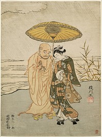 Daruma and a young woman in the rain by Suzuki Harunobu