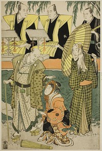 The Actors Bando Matakuro IV as Chubei, Osagawa Tsuneyo II as Umegawa, and Nakamura Katsugoro as Magoemon, in the play "Keisei Koibikyaku," performed at the Morita Theater in the fifth month, 1783 by Torii Kiyonaga