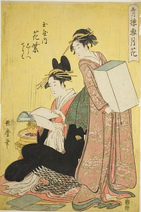 Snow, Moon, and Flowers in the Pleasure Quarters (Seiro setsugekka) : Hanamurasaki of the Tamaya with Attendants Shirabe and Teriha by Kitagawa Utamaro