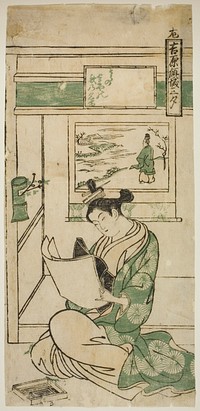 Poem by Fujiwara no Teika, from the series "Yoshiwara Courtesans in the Three Evenings (Yoshiwara keisei sanseki)" by Okumura Masanobu