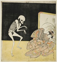 The actors Ichikawa Danjuro V as a skeleton, spirit of the renegade monk Seigen (left), and Iwai Hanshiro IV as Princess Sakura (right), in the joruri "Sono Omokage Matsu ni Sakura (Vestiges of Pine and Cherry)," from part two of the play "Edo no Hana Mimasu Soga (Flower of Edo: An Ichikawa Soga)," performed at the Nakamura Theater from the first day of the second month, 1783 by Katsukawa Shunsho